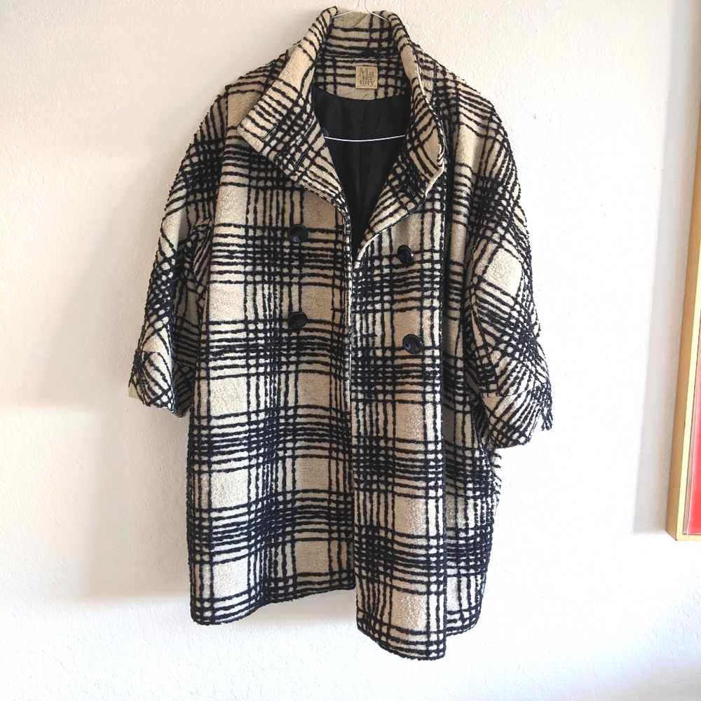 Topshop oversized black & white plaid wool coat